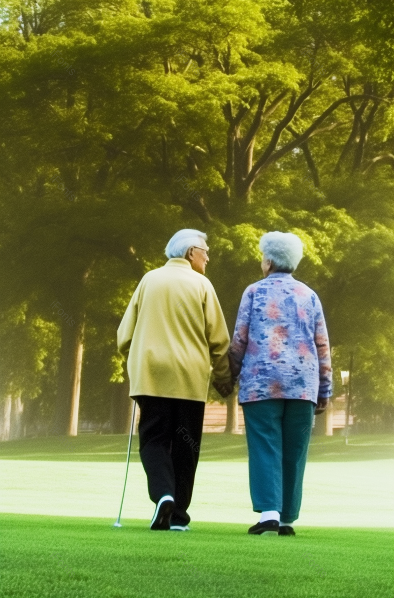 绿色老年夫妇牵手相伴散步幸福背影拍摄,高清,摄影图,摄影图片,图片大全,摄影图免费下载